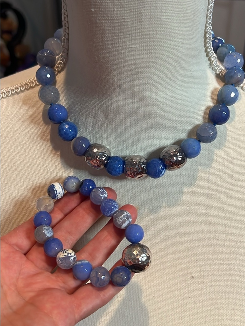 Simon Sebbag Blue Beaded Necklace and Bracelet Set with Silver Accents